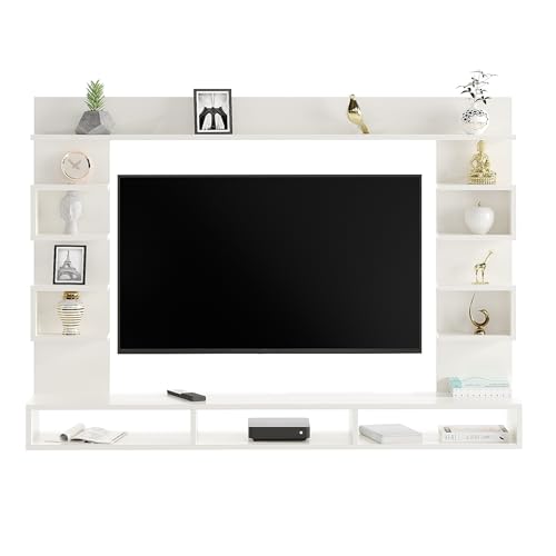 Image of FURNEASER Steven Wall Mount TV Unit for Living Room Wooden Entertainment Center with Storage Shelves Modern TV Panel Stand Showcase for up to 43 Inch Media Console Cabinet White