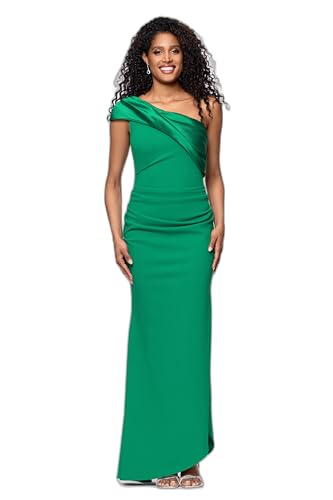 Image of Betsy & Adam Women's Floor-Length, Off-the-One-Shoulder, Miakdo Draped Detail, with Fitted Silhouette, Green, 4