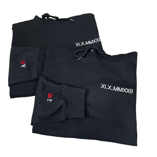 Sudadera con capucha bordada personalizada con números romanos | Regalos para parejas, sudadera deportiva casual | Sudadera personalizada para el día de San Valentín | Sudaderas personalizadas para