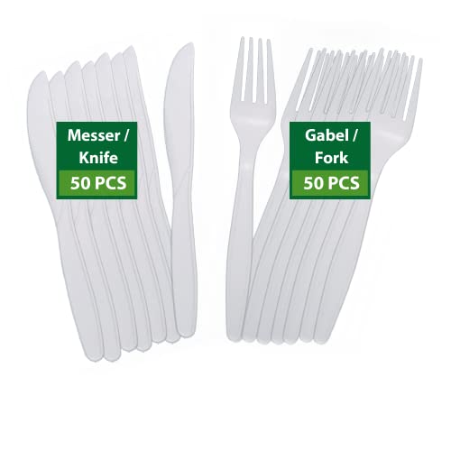 BIODORF Umweltfreundliche Mehrweg Besteck|100 Stück (50 Kompostierbare Gabel, 50 Kompostierbare Messer)|Plastikfrei|Biologisch abbaubar Besteck