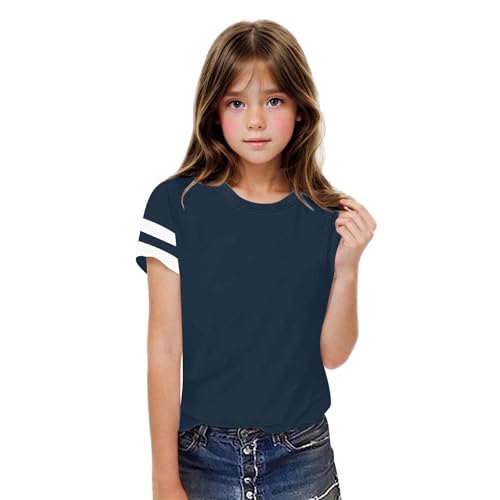 Kids Girls T Shirts Casual Striped Short Sleeve Crewneck Summer Tees 3-14 Years Cute Athletic Basic Blouse Loose Fit4