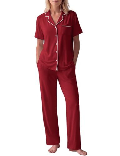 Image of HNG Women Pajamas Set 2 Piece Button Up Pajamas Pant and Short Sleeve Shirt for Woman Pj Sets with Pocket