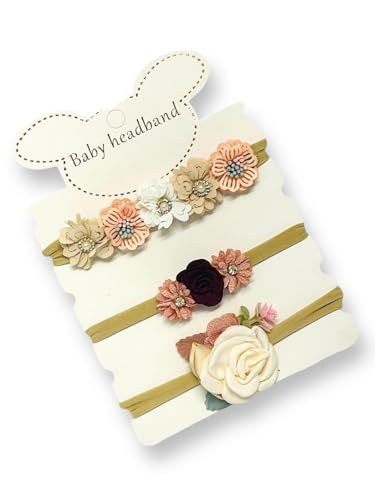 Image of BAKEFY - 3 Baby Girl Nylon Headbands Infant Flower Elastic Hair band Bows Wraps For Newborn Toddler Hair Accessories Baby Girl Bows Floral Headbands Set