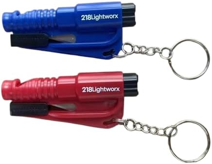 Car Safety Tool – 2-in-1 Glass Breaker & Seat Belt Cutter – Emergency Escape Keychain Hammer – Compact & Lightweight – Set of 2 (Blue & Red)