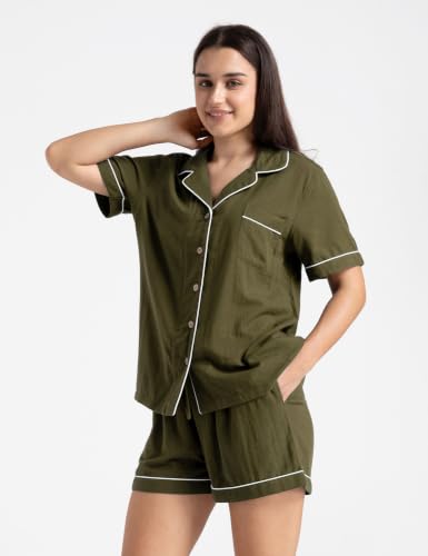 Image of Womens Muslin Pajama Sets 100% Cotton Double Gauze Linen Like Short Pjs | Breathable Soft Comfort Button Up Loungewear Sleepwear PJ Set