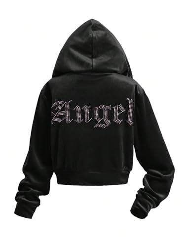 SHENHE Girl's Velour Tracksuit 2 Piece Outfits Rhinestone Zip Up Hoodie Flare Pants Set Sweatsuit3