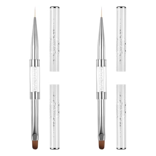 2 PCS Dual-Ended Nail Art Brushes for Builder Gel & Hard Gel, Professional French Tip Liner Brush Set with Rhinestone Handle, 4-in-1 Nail Design Painting Drawing Tools (White)