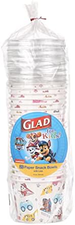 Glad for Kids 12oz Paw Patrol Paper Snack Bowls with Lids, 20 Ct | Disposable Snack Cups with Lid in Paw Patrol Trucks Design for Kids | Heavy Duty Disposable Soak Proof Microwavable Paper Bowls White