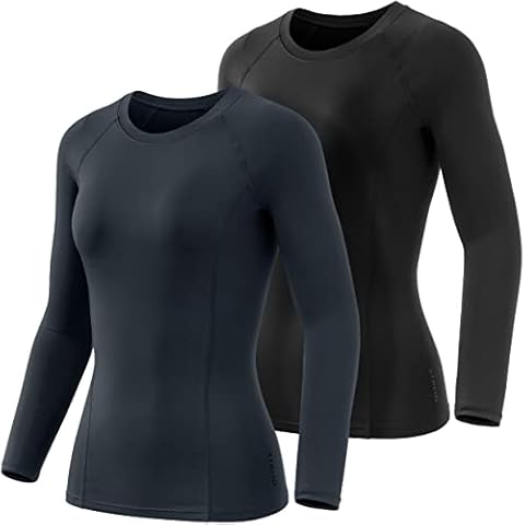 ATHLIO Women's Sports Compression Shirt, Cool Dry Fit Long Sleeve Workout Tops, Athletic Exercise Gym Yoga Shirts, 2pack Black/Charcoal, Medium Cover