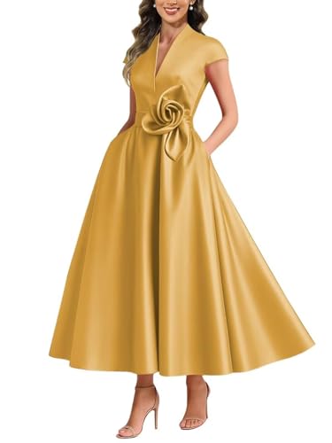 Satin Mother of The Bride Dresses for Women Tea Length Cap Sleeve Wedding  Guest Dress A Line Evening Gown - Product Details