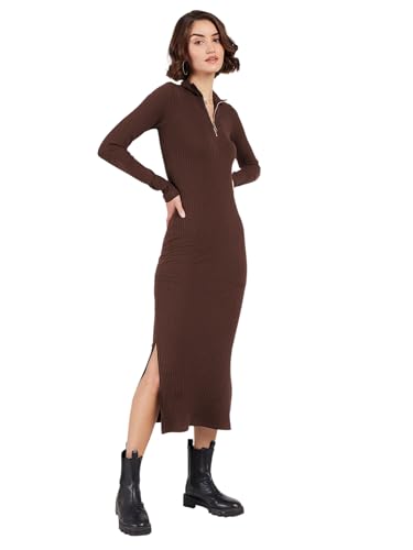 Image of Sassafras Women Bottle Rib High Neck Front Zipper Bodycon Midi Dress
