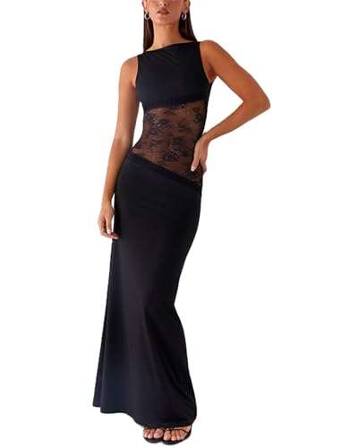 Women Sexy Hollow Out Maxi Dress Sleeveless Backless Lace Pachwork Bodycon Long Dress Y2k Going Out Party
