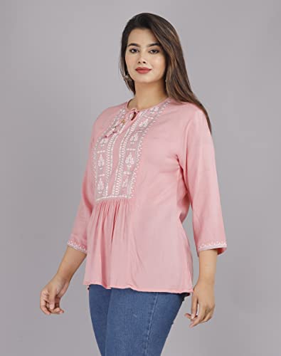Image of Shiva Fab Short Kurti for Women | Embroidered Straight Rayon Kurta | Round Neck Full Sleeves Short Kurti for Women's