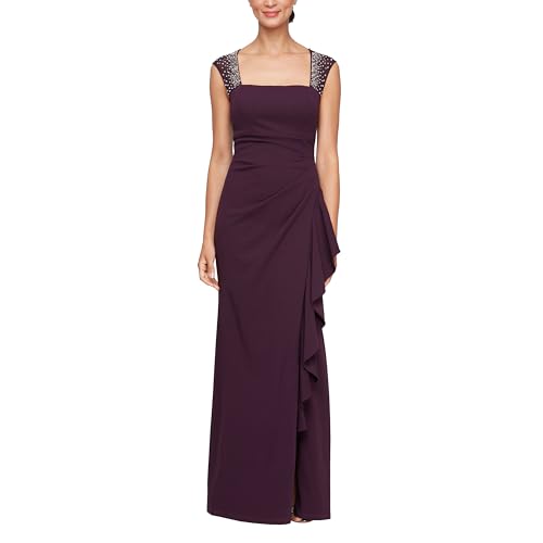 Alex Evenings Women's Long Cascade Ruffle Sleeveless Leg Slit, Mother of The Bride Dress, Elegant Party Gown