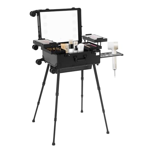 MINRS Valise de maquillage à roulettes Avec miroir et lumière Hauteur et luminosité réglables Verrouillable Pour les voyages, les coiffeurs, les...