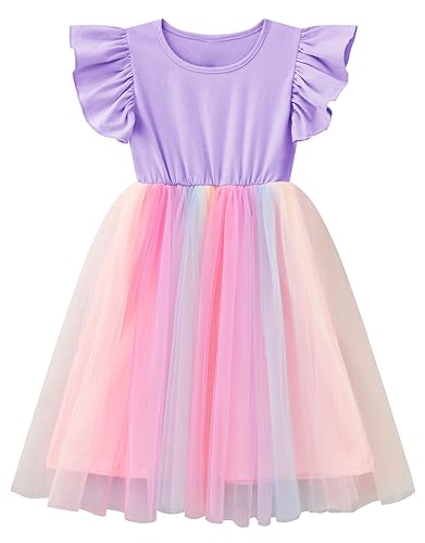 Girls Tutu Dress Casual Tulle Summer Solid Color Ruffle Sleeve Dress