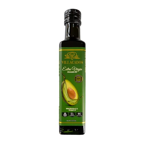 Villacados Extra Virgin Avocado Oil, 100% Naturally Cold Pressed, Pure Unrefined, Heart Healthy, High In Monounsaturated Fats, Grilling, Cooking Marinades, and Dressings 8.5oz