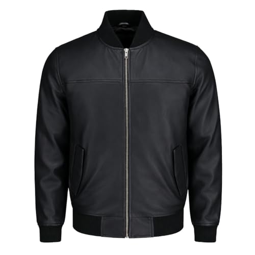 Image of TLC Varsity Bomber Jacket Men | Ribbed Style Sleek Black Leather Bomber Jacket Men