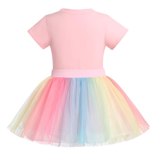Image of ODASDO Kids Girls 2d 3rd 4th 5th 6th Birthday Party Outfit Short Sleeve T-shirt Tops Rainbow Tutu Skirt 2pcs Set