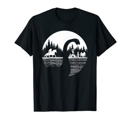 Bigfoot loch ness mostro divertente sasquatch equitazione unicorno maglietta