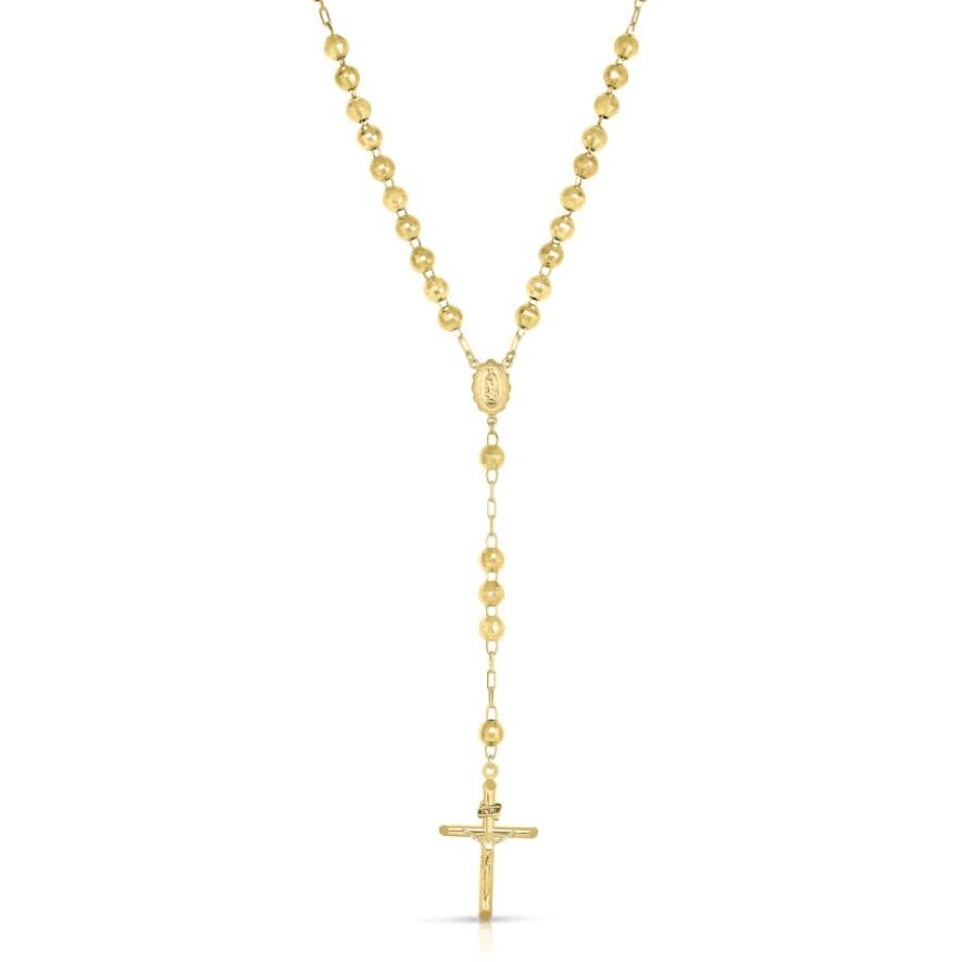 Floreo 10k Yellow Gold or Tri-Gold 5mm Rosary with Virgin Mary Medal and Crucifix of Jesus Cross Pendant Chain Necklace