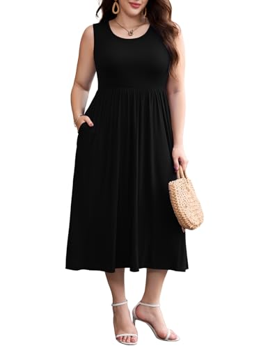 Image of LARACE Women's Plus Size Sleeveless Maxi Dress Casual Crew Neck Pleated Flowy Long Dresses with Pockets L-6XL