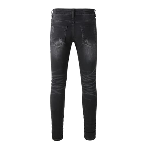 Men’S High Street Slim Fit Stretch Denim Pencil Pants Zipper Fly Washed Effect Distressed Patches Full Length Jeans2