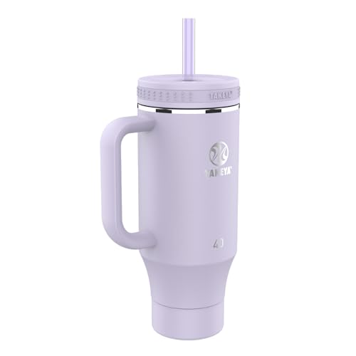 Image of Takeya Stainless Steel Tumbler with Handle and Straw (40 oz, Vivacity Purple) - Insulated Water Bottle with Straw for Water & Iced Beverages