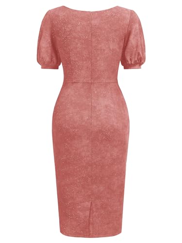 Image of Miusol Women's Retro V-Neck Elegant Glitter Wrap Ruched Puff Sleeve Cocktail Party Dress