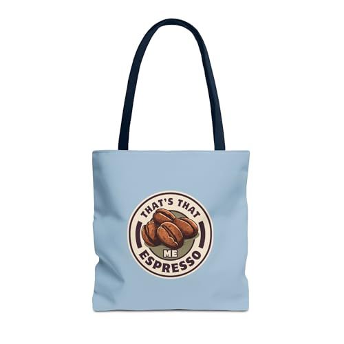 That's That Me Espresso Tote Bag – Light Blue Canvas Coffee Lover’s Tote with Fun Logo & Coffee Stain Back