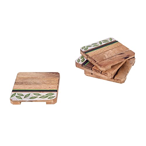 Image of AAKRITI ART CREATIONS Minty Leaves Hand Painted Coasters | Wooden Coaster Set of 4 | Decorative Coaster Matte Finish | Floral Art Mango Wood Handcrafted Coasters | Brown Wooden Coaster Set