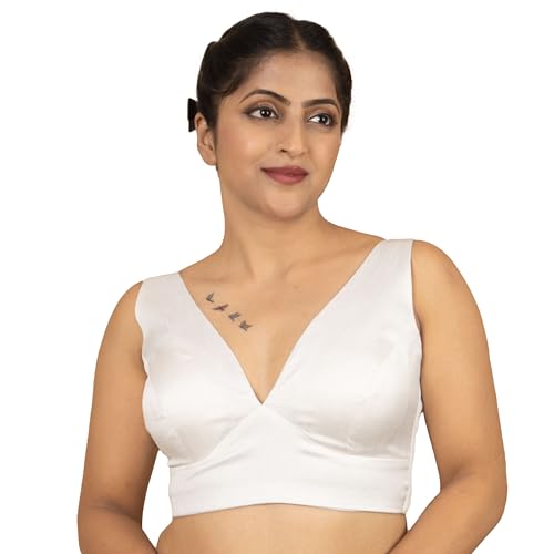Image of FIGURE'S DESIGNER Women's Dupion Raw Silk Sleeveless V Neck Sabyasachi Cut Readymade Saree Blouse Padded Stitched S4