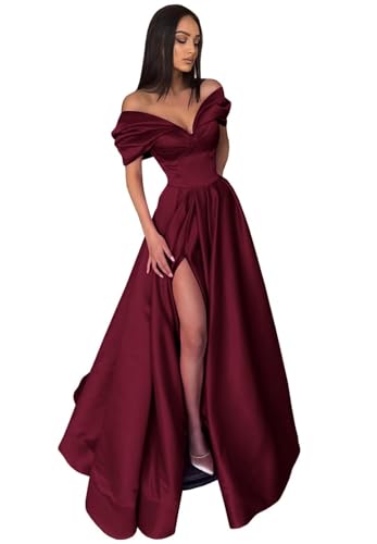 Image of Pleated Off The Shoulder Satin Prom Dresses for Women, Formal Evening Gowns Cocktail Party Dresses with Slit&Pockets