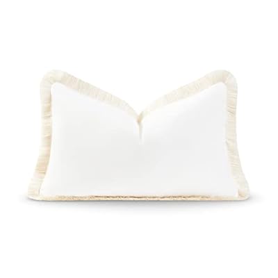 Hofdeco Premium Coastal Patio Indoor Outdoor Lumbar Pillow Cover Only, 12"x20" Water Resistant for Backyard, Couch, Solid White Fringe