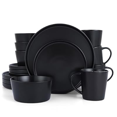 HaWare Dinnerware Sets, 16-Piece Stoneware Dinner Plates and Bowls for 4, Matte Dishes Mug, Chip & Scratch Resistant, Microwave & Dishwasher Safe - Frosting Black