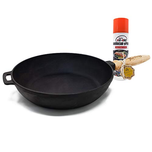 ToCis Big BBQ - Sartén de hierro fundido (redonda, 26 cm, con spray de cuidado para hierro fundido)