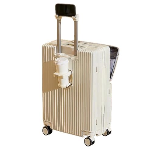 Hard Case with Front Opening, Carry-On Suitcase Hand Luggage Trolley 100% ABS Suitcases with USB Port, Beverage Holder and 4 Double Swivel Wheels,White,24in