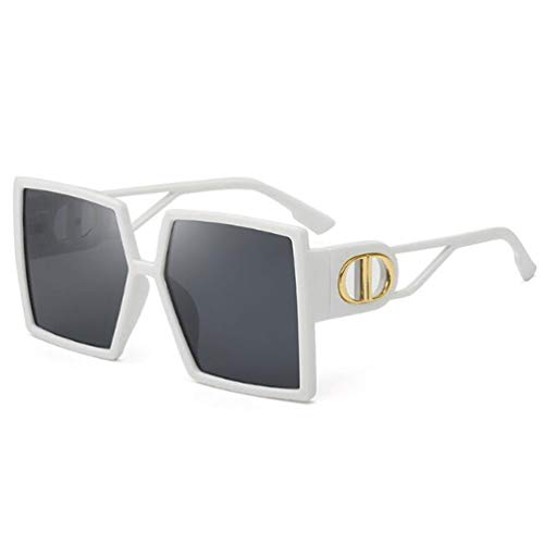Hollow Out Letters Temple Sunglasses Female Large Frame Flat Sunglasses Men's Retro Trend Square Glasses (Solid White Gray Flakes)