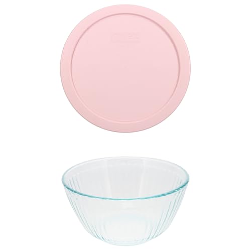 Pyrex 7402 6-Cup Sculpted Glass Mixing Bowl and 7402-PC 6/7-Cup Loring Pink Lid - Made in USA