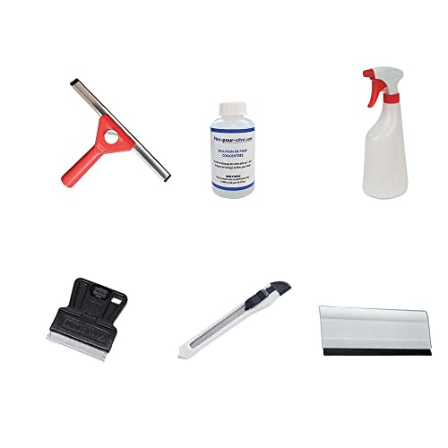 Kit de Pose pour Film Pour Vitrage avec Cutter, Grattoir Métallique, Raclette, Maroufle, Pulvérisateur, Solution de Pose