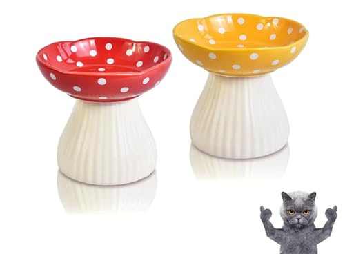Mushroom Cat Bowl,Whisker Fatigue Cat Bowl,Cute Cat Bowls,Elevated Cat Food Bowl, Lead & Cadmium Free Ceramic Cat Bowls for Food and Water. (Red+Yellow)