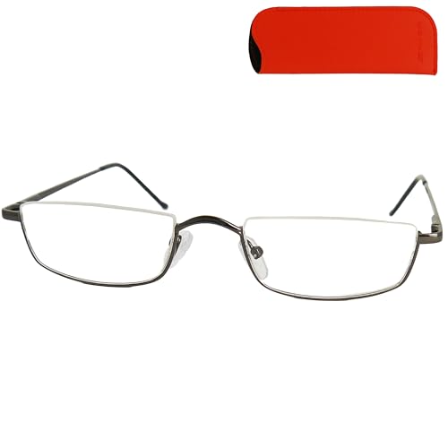 Mini Brille - Gafas de Lectura Estilo Vintage con Funda, Media Montura de Acero Inoxidable (Grafito) con Bisagra de Muelle, Gafas Para Leer de Hombre y Mujer +2.5 Dioptrías
