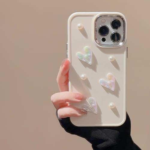 LSOUGUK Compatible with iPhone 12/12 Pro Case for Girls Women,Cute 3D Love Heart Pearl Design Protection Case Fashion Slim Soft TPU Shockproof Protective Cover for iPhone 12/12 Pro-Creamy White