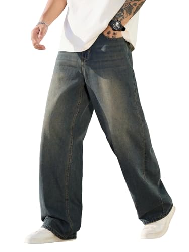 Image of DFGIGT Mens Baggy Jeans Wide Leg Denim Pants Y2k Loose Fit Streetwear | Hip Hop,Vintage 2000s,Jinco Jeans,Straight Leg,5 Pockets