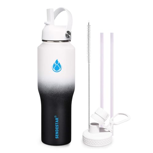 Image of SENDESTAR 32oz Water Bottle Wide Mouth Stainless Steel Vacuum Insulated Double Wall with 2 Straw Lids Fit in Any Car Cup Holder