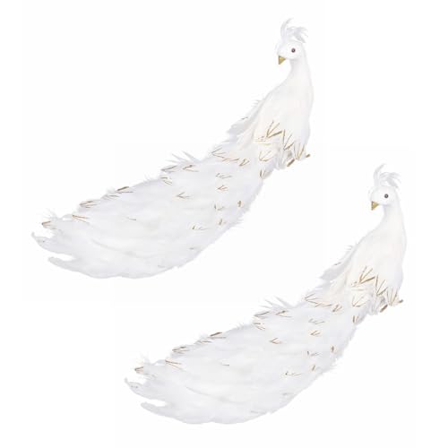 White Artificial Peacock Birds, 23.6 inch Peacock Bird with Feather Tail Sparkling Artificial Christmas Foam Bird for DIY Home Wedding Garden Party Accessories (2Pcs) -  HFEHSKJ, 1