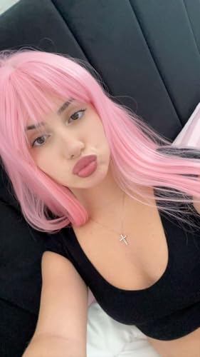 Civrie 28 inch Pink Long Straight Cosplay Wig with Bangs Natural Hair Fiber Synthetic Wig for Women and Girls, Perfect for Christmas, Parties, and Cosplay