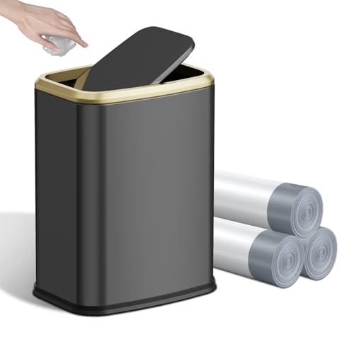KHMMGK 8L/2.1 Gal Small Bathroom Trash Can with Lid, Swing-Top Rectangular Waste Bin, Stainless Steel Garbage Can for Home, Office, Toilet, Bedroom, Living Room (Titanium Black)