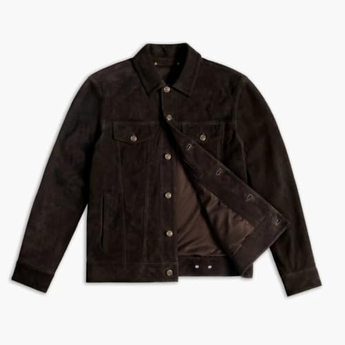 Image of Isaac & David Chicago Men's Vintage Trucker Suede Leather Jacket - Denim Biker Cafe Racer Causal Western Cowboy Jacket