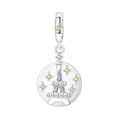 SBUTUXC Eiffel Tower Dangle Charm, 925 Sterling Silver, Round Disc with Yellow CZ Star Accents, Paris Travel Theme